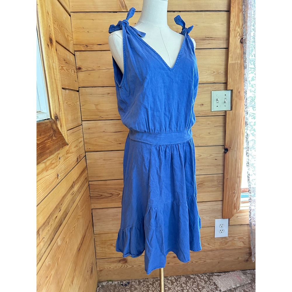 Linen Blend Sundress Women Large Royal Blue Shoulder Tie Tiered Ruffle Justina - Picture 3 of 14